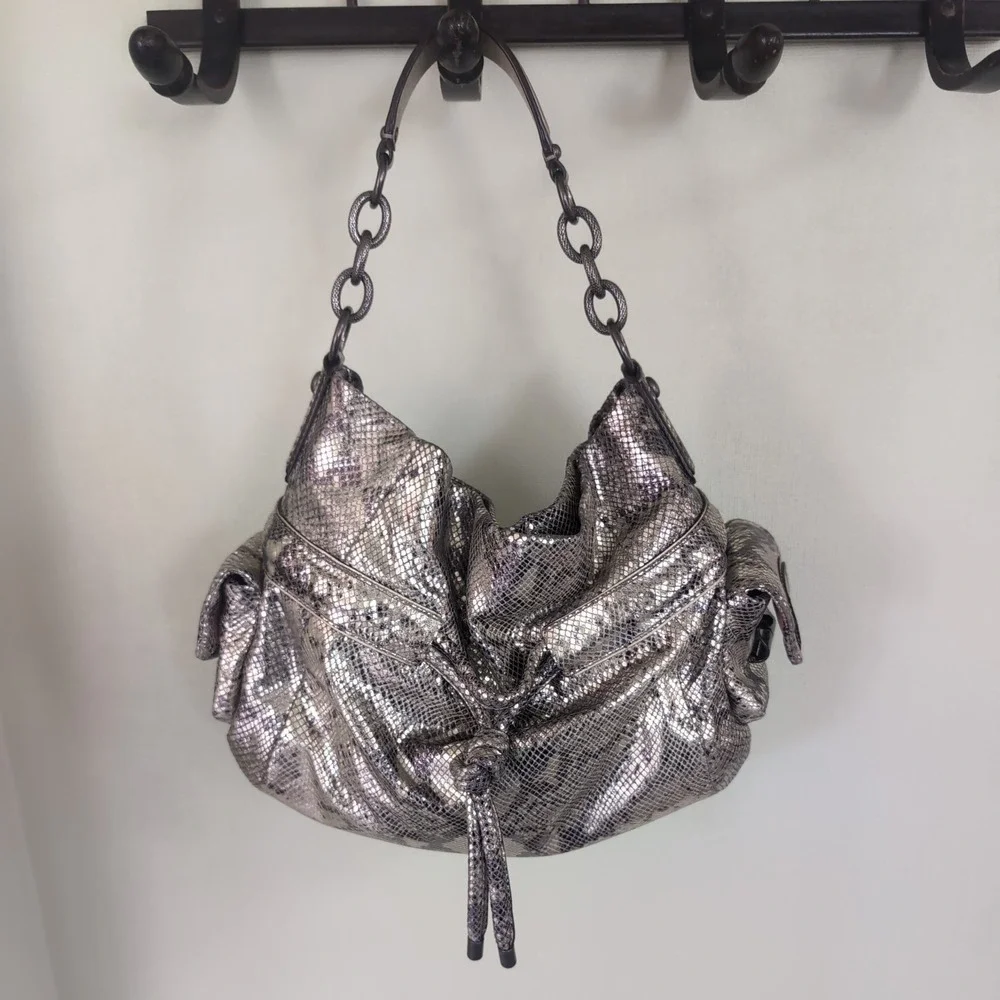 Coach Bag Kristin Metallic Python Hobo Silver Y2K Shoulder Snakeskin Chain Purse